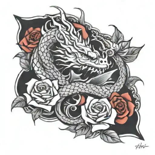The Word Rocky With Roses Koi Fish And A Dragon Wrapped