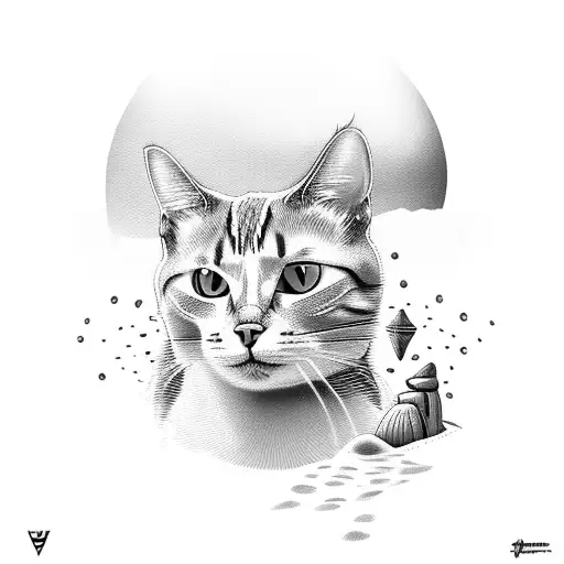 A Cat Sitting On A Sandy Beach With A Glowing Sunset In The Background