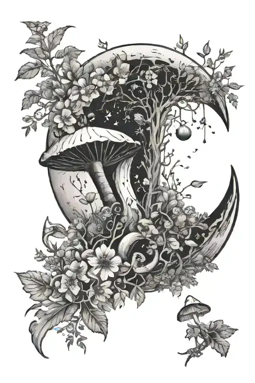 Waxing Crescent Moon With Botanical Plants And Mushrooms