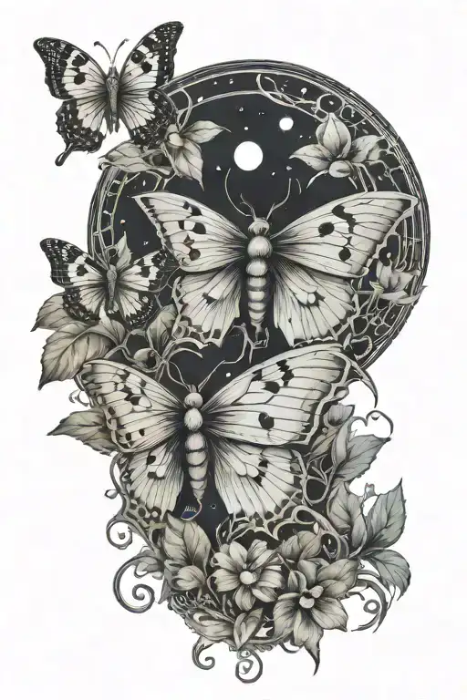 Lunar Moth With Moon Phases Above And Botanical Plants Vining Upwards