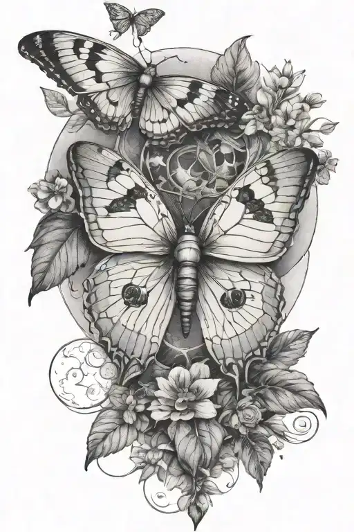 1 Lunar Moth With Moon Phases Above And Botanical Plants Vining Upwards