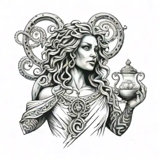 Full Back Tattoo Medusa Holding Libra Scale Balanced