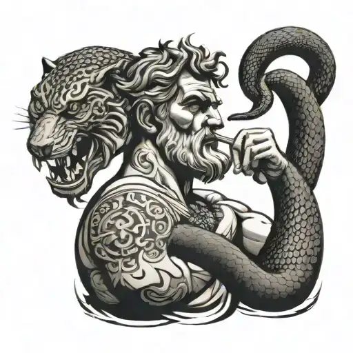 Greek God And Black Snake With A Badger In Its Mouth