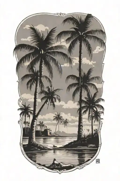 Florida Beach With Palm Trees And Kids Playing In The Water