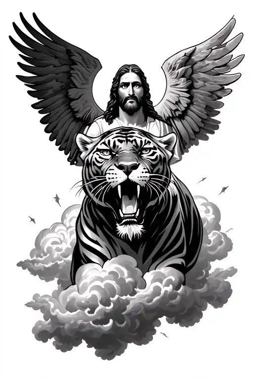 Roaring Panther In The Clouds Surrounding Jesus Stripped