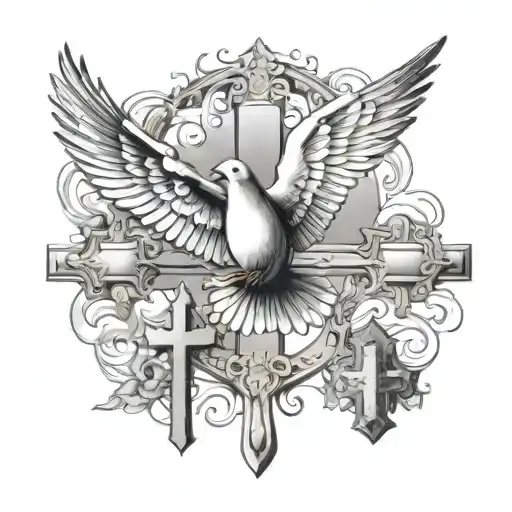 Dove Flying Over 3 Crosses