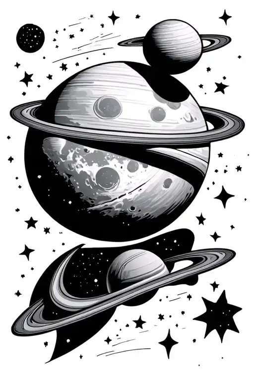 Moon In Space With Saturn And Stars