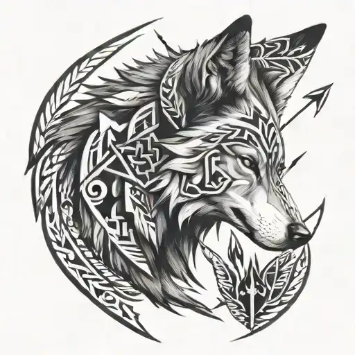 A Tribal-inspired Design Featuring A Wolf's Profile Intertwined With Hunting Arrows