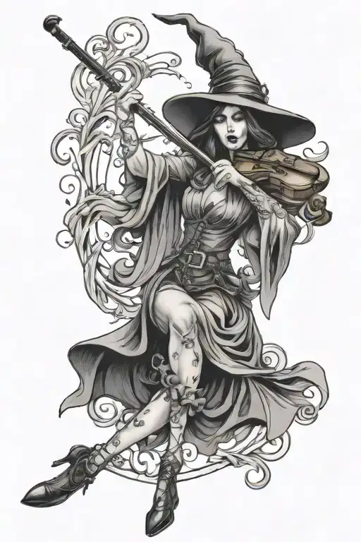 A Witch Casting A Spell With A Violin Bow As A Wand