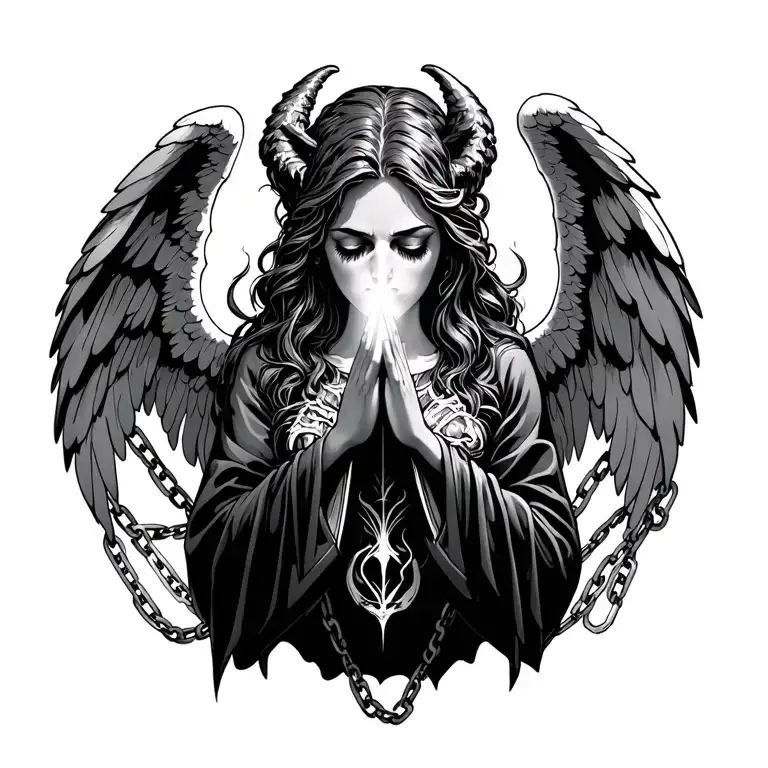 Demon Inside Angel On Her Neas Praying Hands Surrounded Whit Chains