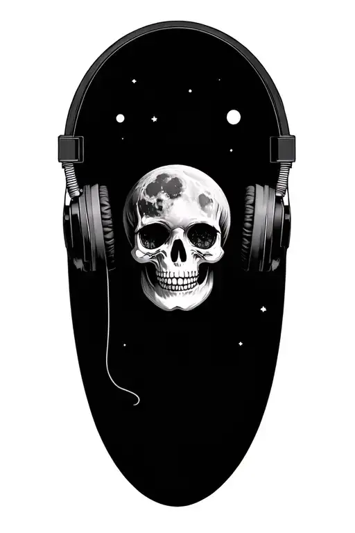 Detailed Moon With The Face Of A Skull With Headphones And Patterns Surrounding It