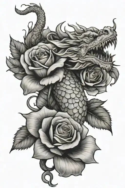 Rose And Stem With A Japanese Dragon Wrapped