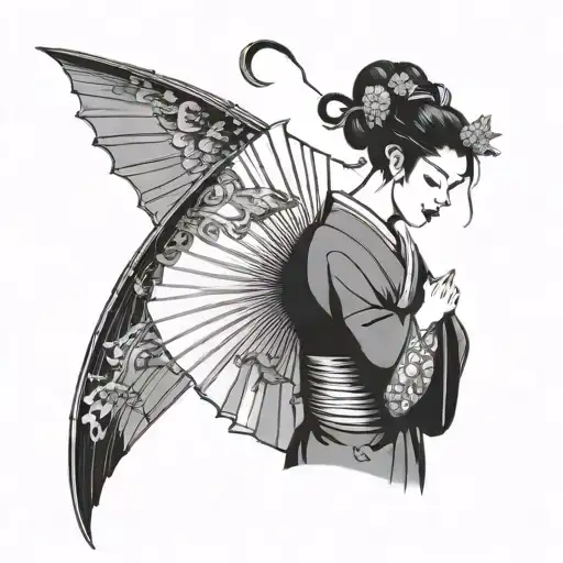 Geisha Holding A Fan With A Dragon Kimono