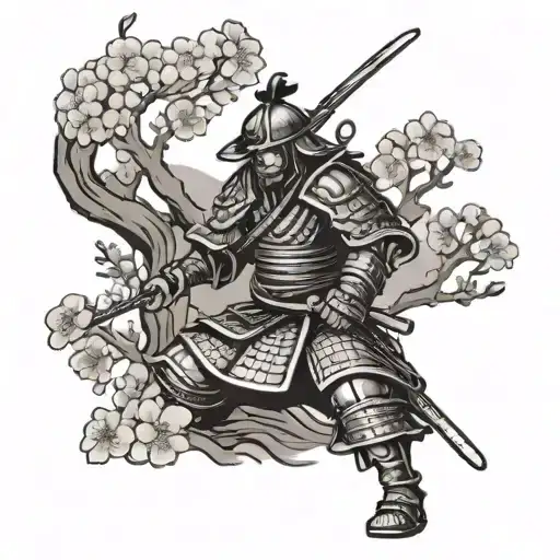 Small Samurai Warrior With Cherry Blossom Tree