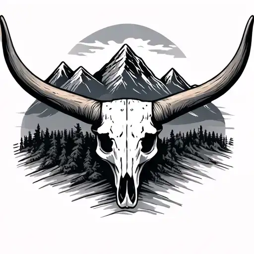 Longhorn Skull With Mountains