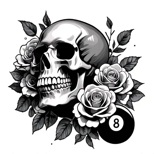 Skull And 8Ball With Roses Blooming