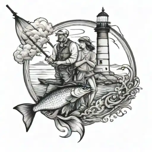 Father And Daughter Fishing Near A Lighthouse
