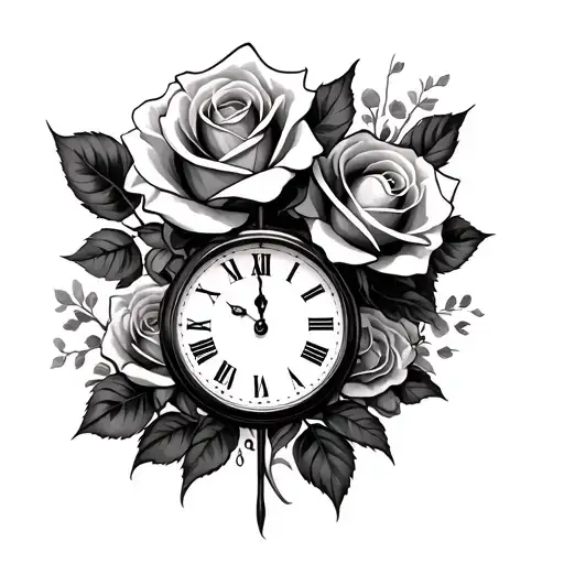 Women's Face Roses And A Clock