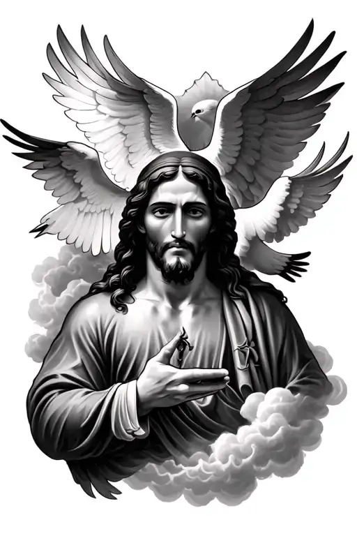 Realism Tattoo Of Jesus Clouds Dove And Cloc With Meaning A New Beginnings