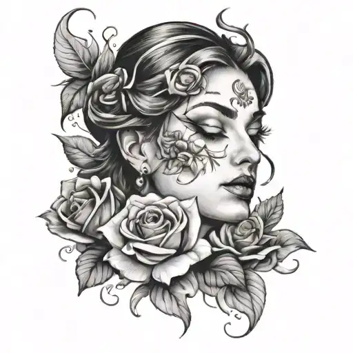 A Tattoo Of A Goddess Looking Woman's Face With A Rose Coming Out Her Eyes