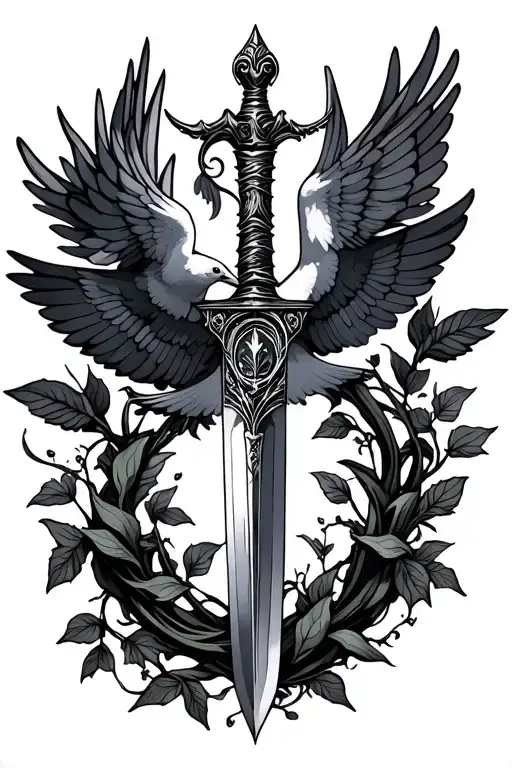 Dagger Surrounded By Vines With Doves