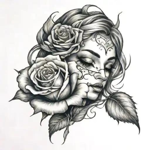 A Tattoo Of A Goddess That Has A Rose Growing Out Of Her Left Eye