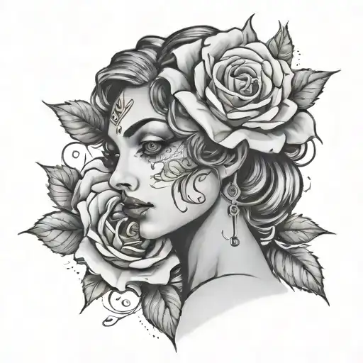 A Tattoo Of A Goddess That Has A Rose Growing Out Of Her Left Eye