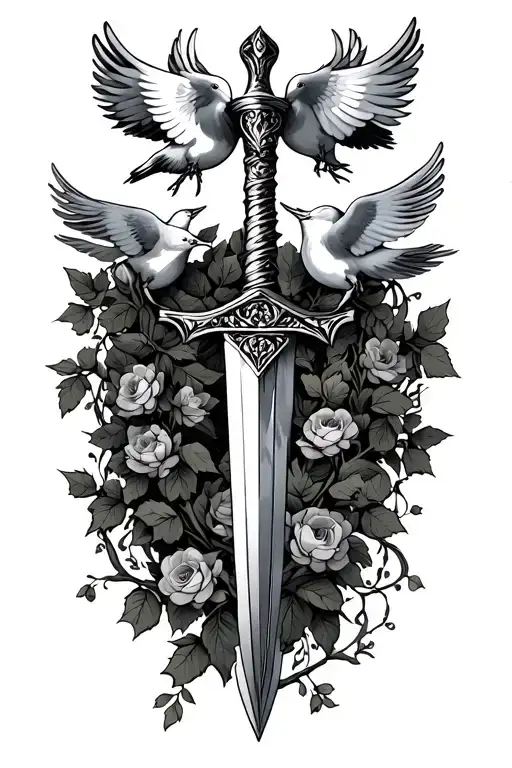 Dagger Surrounded By Vines With Doves