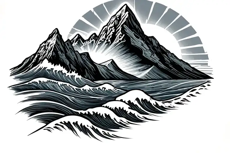 Snow Capped Mountains On Right Chest With Waves Crashing At Base With Sun Rising On Shoulder