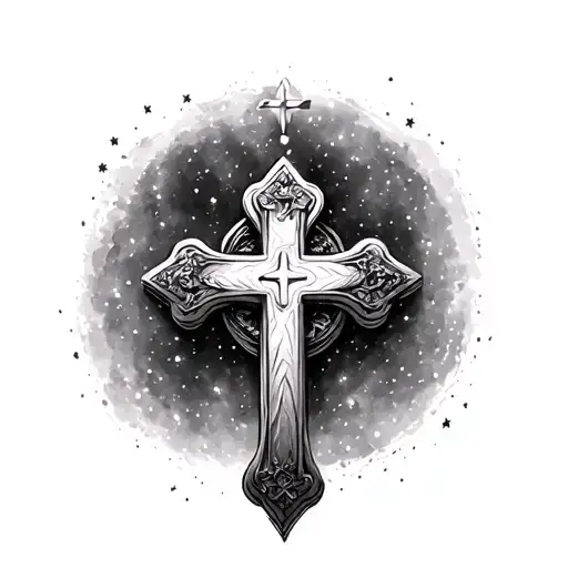Christian Cross With A Starry Sky