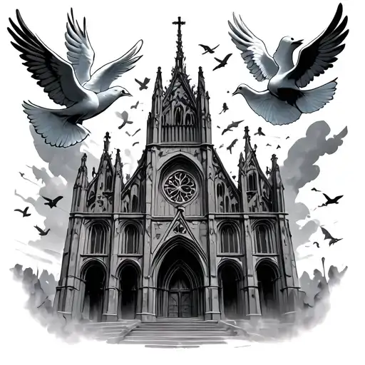Gothic Cathedral Church With Doves And Angels Flying Out Top