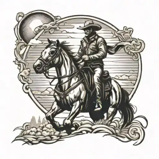 Cowboy On A Horse Ridinf Into The Sun