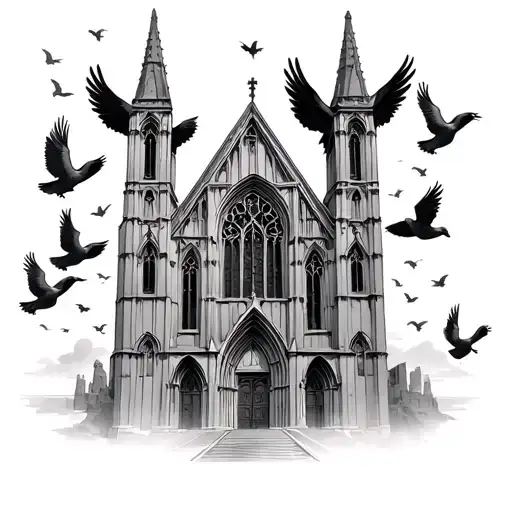 Gothic Cathedral Church With Doves And Angels Flying Out Top With Sky