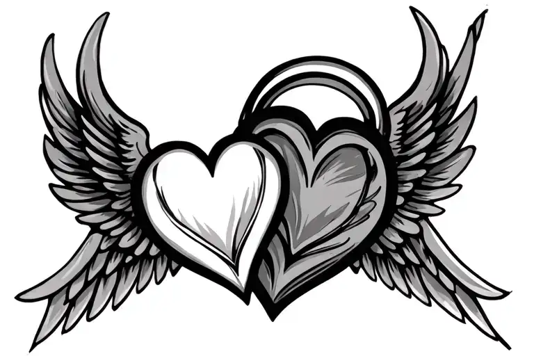 Two Thin Line Hearts Overlapping With Wings On The Sides