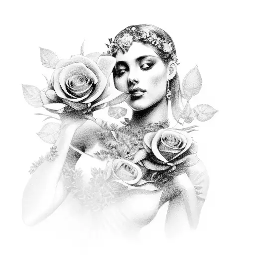 A Beautiful Goddess Holding A Bouquet Of Golden Roses