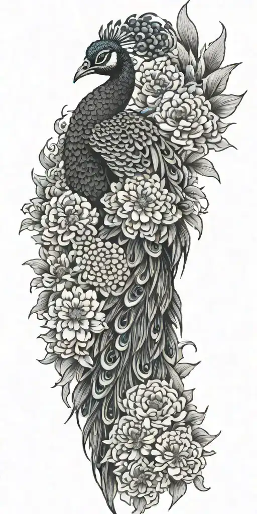 Male Peacock And Chrysanthemum Flower Bouquet Japanese Style