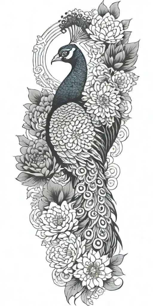 Male Peacock And Chrysanthemum Flower Bouquet Japanese Style Till Wrist