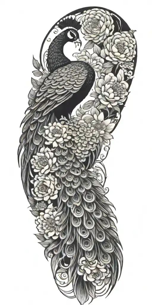Male Peacock And Chrysanthemum Flowers Japanese Style Around The Arm