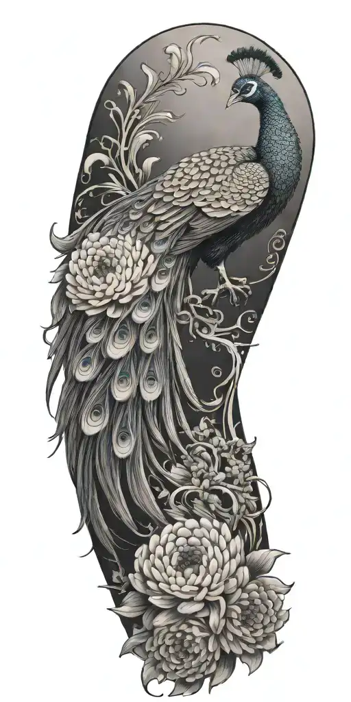 Male Peacock And Chrysanthemum Flowers Japanese Style Around The Arm