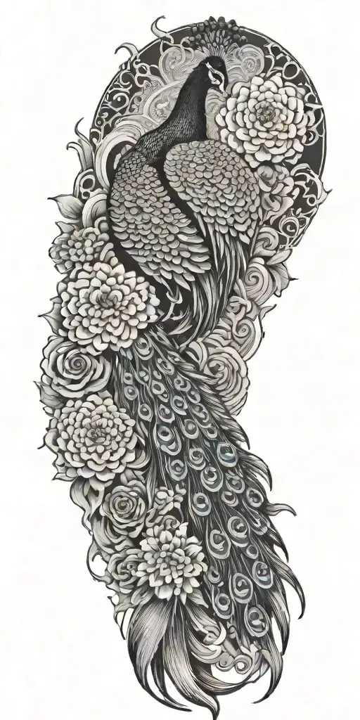 Male Peacock And Chrysanthemum Flowers Japanese Style Around The Arm