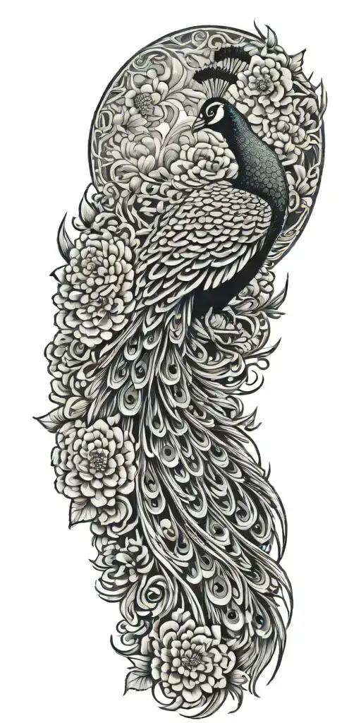 Male Peacock And Chrysanthemum Flowers Japanese Style Around The Arm Line And Shade Work