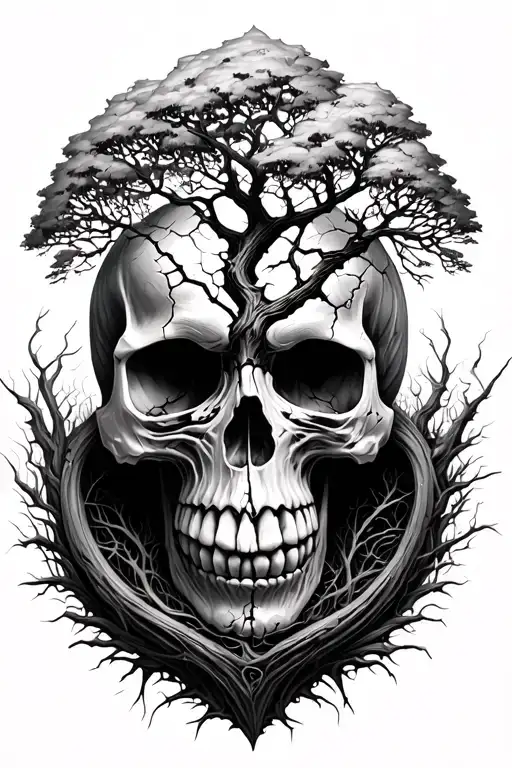 Realistic Broken Skull With Tree Of Life Frowning Out Of It