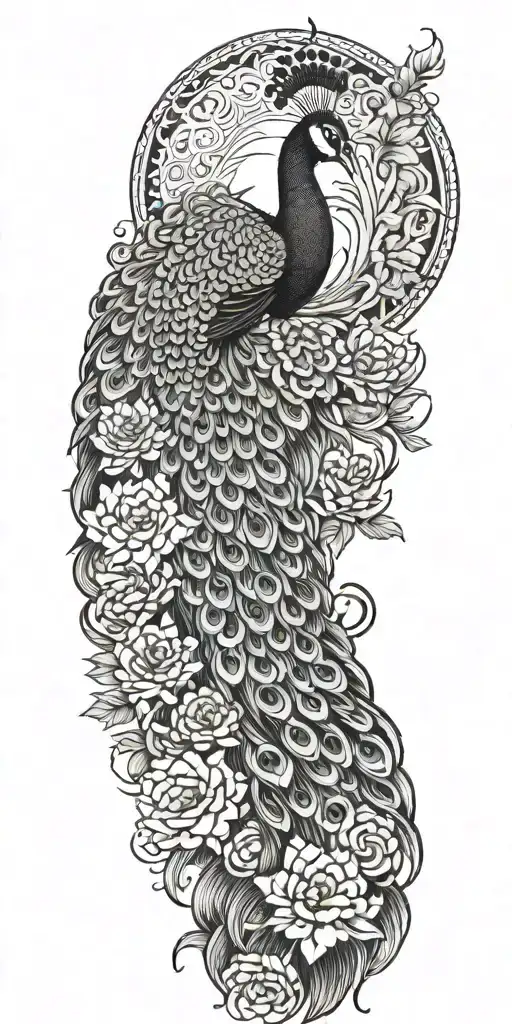 Male Peacock And Chrysanthemum Flowers Japanese Style Around The Arm Line And Shade Work