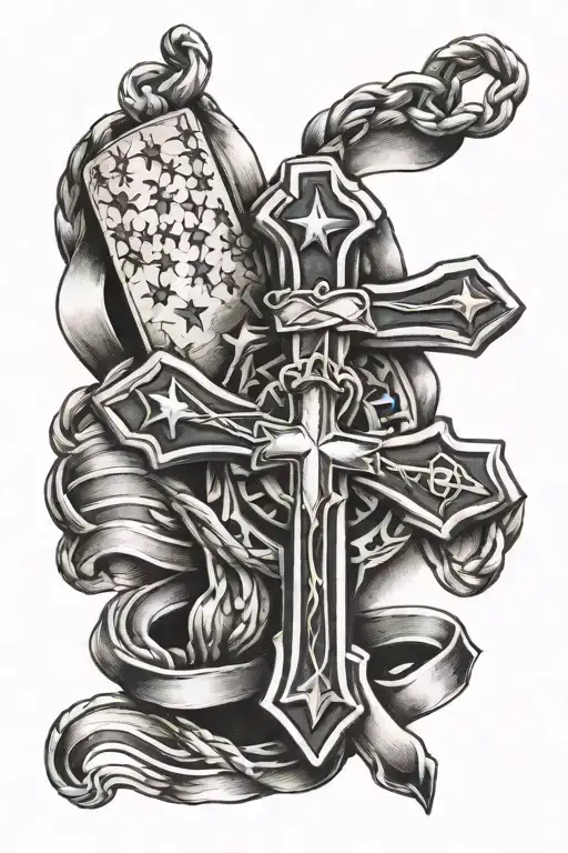 Cross With Dog Tag Says Usmc And American Flag Intertwined