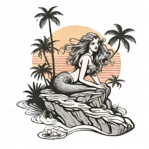 Mermaid On A Rock With A Sunset And Palm Trees Colors Sunset