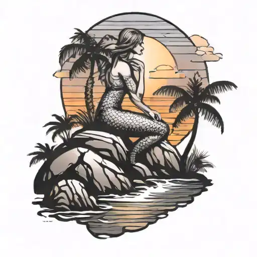 Mermaid Silhouette On A Rock With A Sunset And Palm Trees Colors Sunset