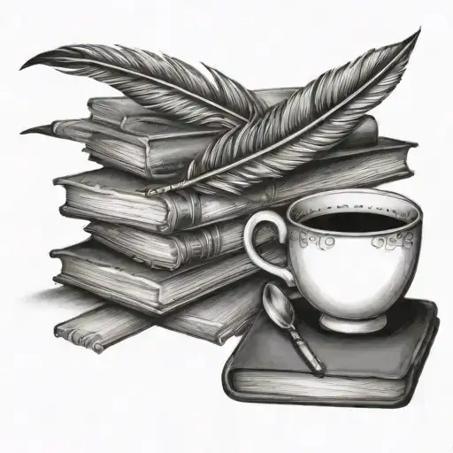 Feather Pen On A Teacup Sitting On A Stack Of Books