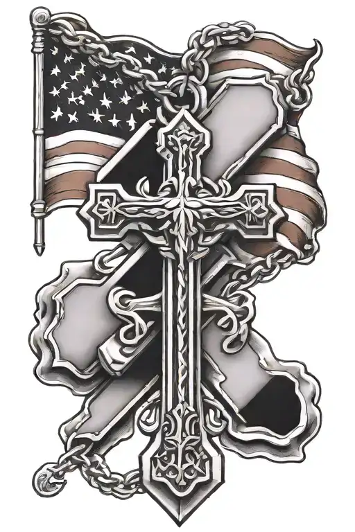 Cross With Dog Tags Hanging With Usmc And American Flag