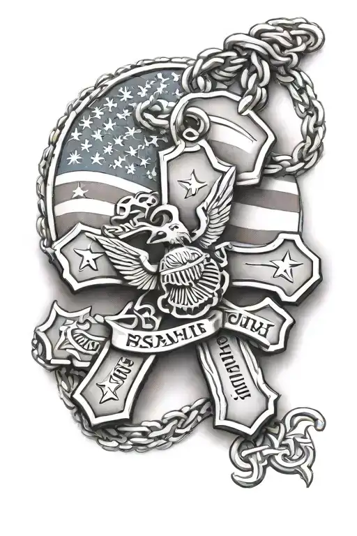 Cross With Dog Tags Hanging With Usmc And American Flag On The Dog Tags
