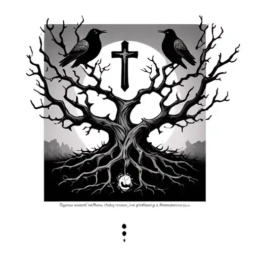 Poison Tree With No Leaves With 2 Birds Around It With A Cross In The Middle Of It
